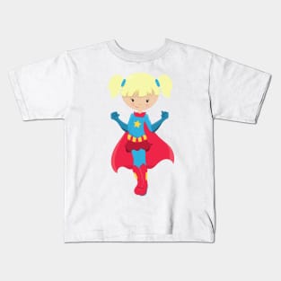 Superhero Girl, Cute Girl, Blonde Hair, Red Cape Kids T-Shirt